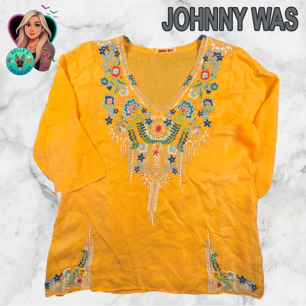 JOHNNY WAS Top Womens Large 'Good for You' Orange Sheer Embroidered V Neck Tunic